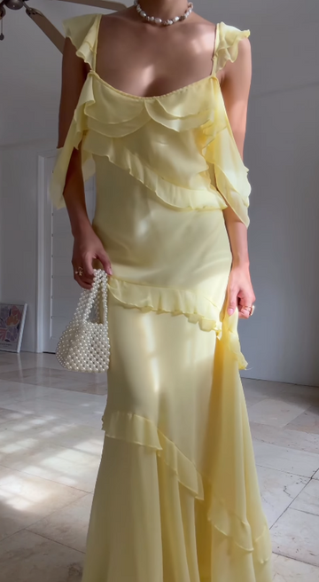 Niulatu Strap Sheath Long Prom Dresses Chiffon Yellow Long Formal Dresses Ruffle Wedding Guest Dresses HZ1026